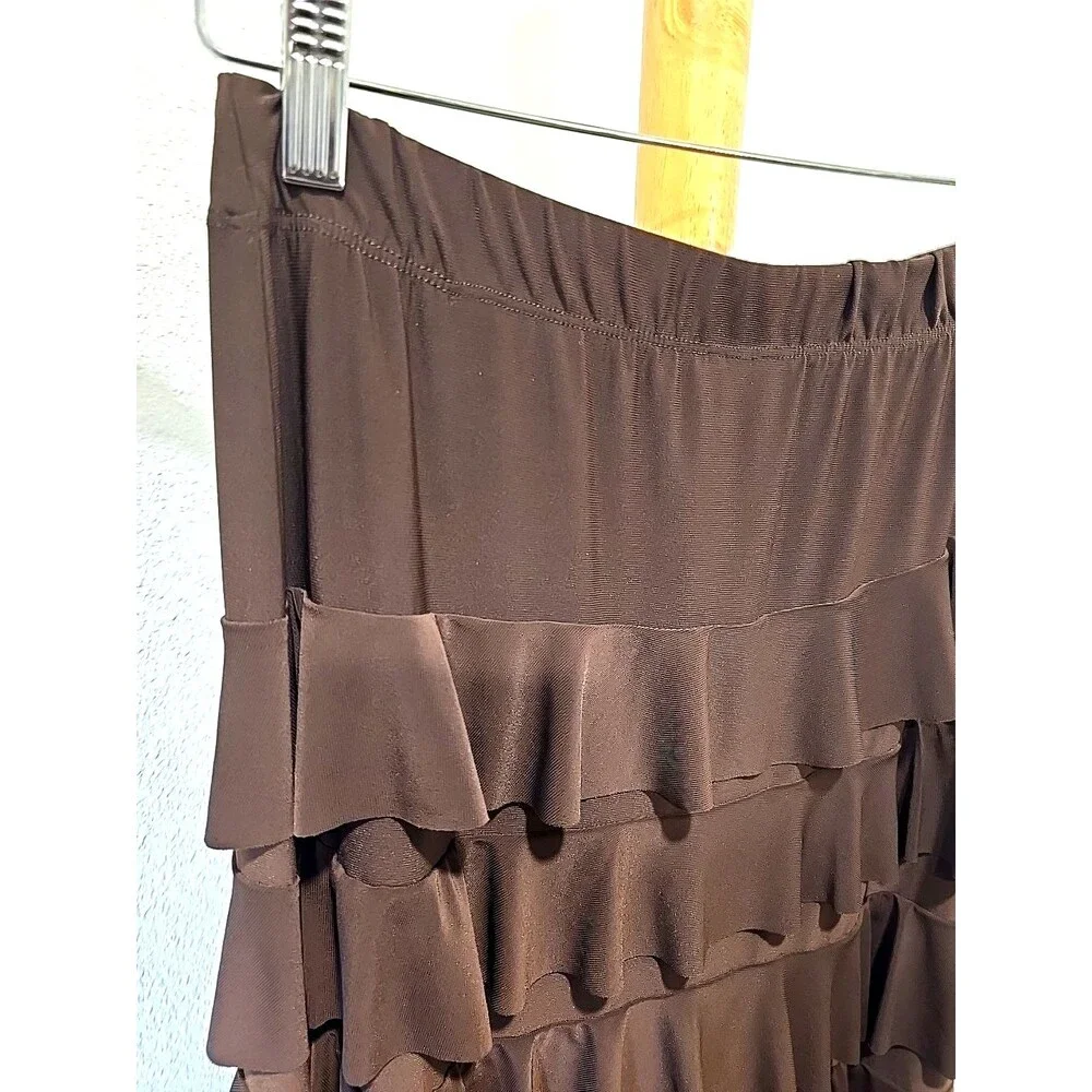 Vtg Tiered Ruffle Maxi Skirt Medium Chocolate Brown Modest Parisian Boho Cottage